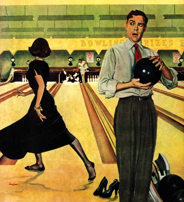 A couple bowling on a date.