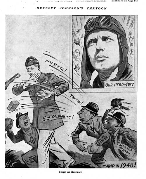 Fame in America: This political cartoon, which ran in the Post’s September 28, 1940, issue, depicts Lindbergh’s fall from favor during the war.
