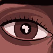 Close up of a Black woman's eye that has the continent of Africa reflected in her iris