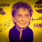 Barry Manilow flanked by several company logos