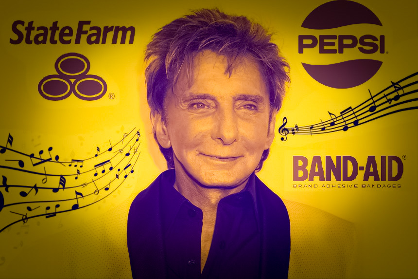 Barry Manilow flanked by several company logos