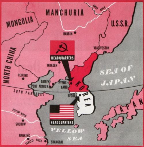 Map of Korea during the Korean War. Shows the U.S.A's and U.S.S.R.'s zones of influence on both sides of the 38th parallel.