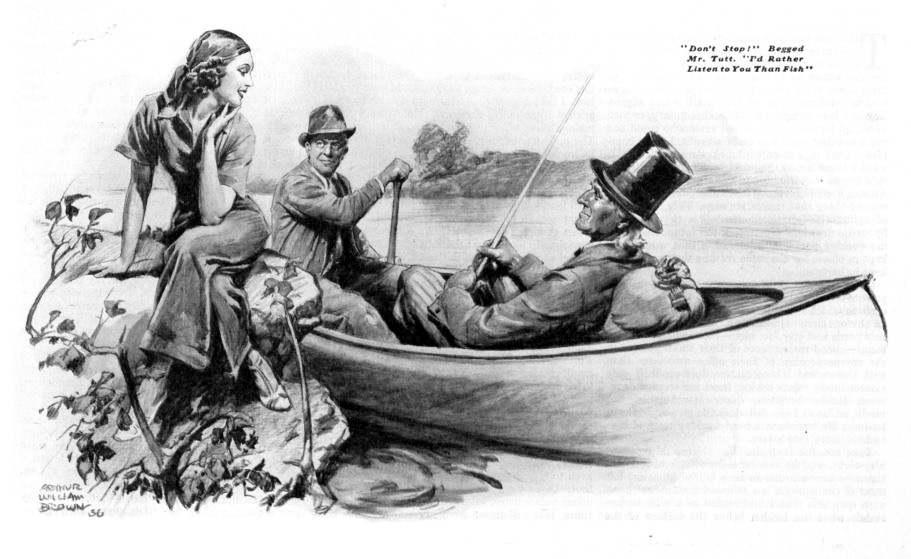 Two men in a boat drift by a woman sitting on the shore