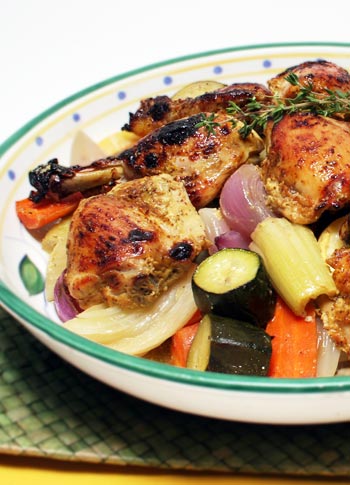 bowl of chicken, red onion, celery, carrots, zucchini