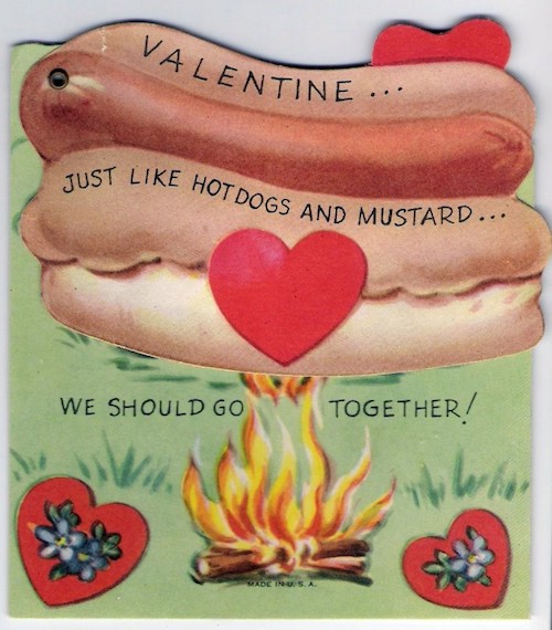 Valentine card featuring hot dogs