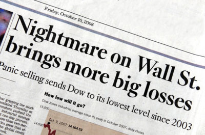 newspaper 2008: As banks teeter on verge of collapse, George W. Bush asks Congress for emergency funds. TARP Program loans banks $700 billion. Fallout: Most banks have since repaid TARP loans plus interest, but economic damage lingers. Many argue bailout undermines confidence in free enterprise system.