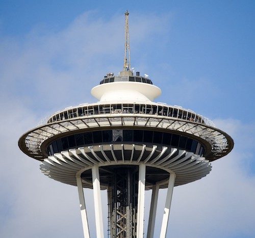 A picture of the top of the Seattle Space Needle