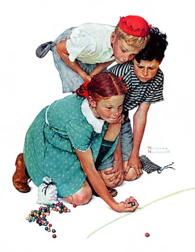 Three children play marbles.
