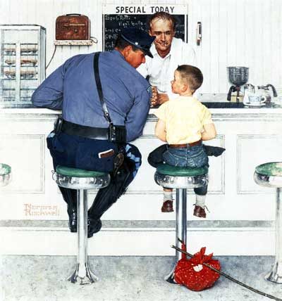 A runaway boy sits next to a police officer at a soda shop.