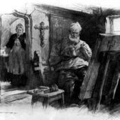 An elderly artist working at his easel while his wife looks on from the doorway