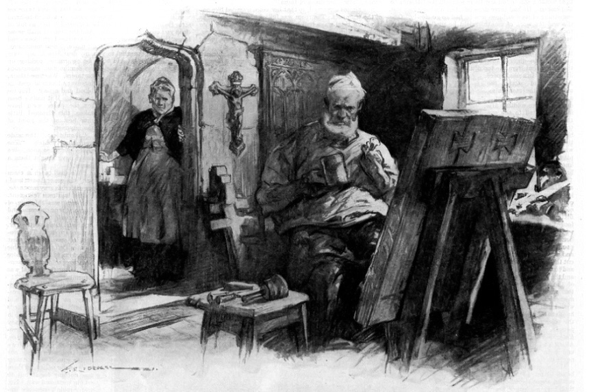 An elderly artist working at his easel while his wife looks on from the doorway