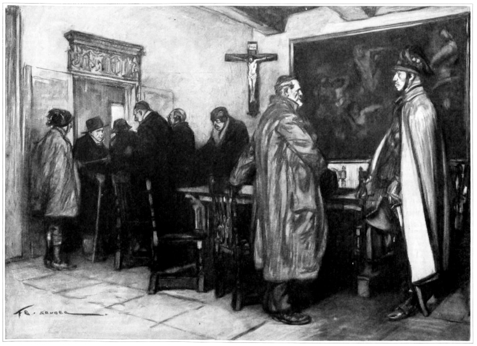 A town official stands in front of a man at a table, while a small crowd file silently out the door.