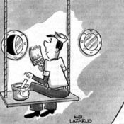 Painter is on the side of the ship telling a woman through a porthole that they have docked.