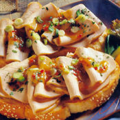 open-faced pork sandwich with apricot sauce
