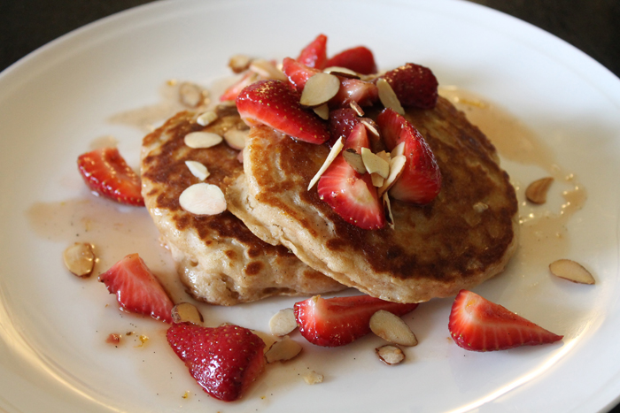 Whole-Wheat Buttermilk Pancakes with Strawberry-Maple Syrup