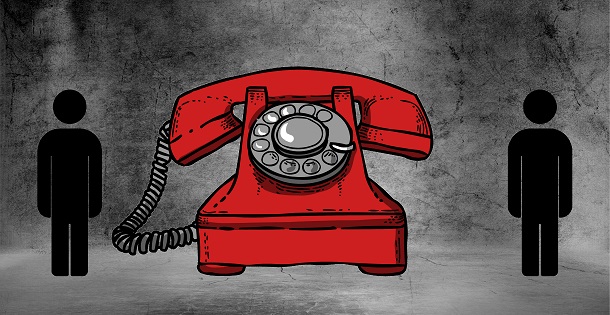 Illustration of a rotary phone and two human figures.