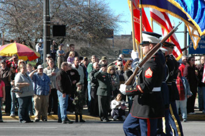 Parade-goers salute the color guard during a Veterans Day tribute in Indianapolis, November 11, 2009.
