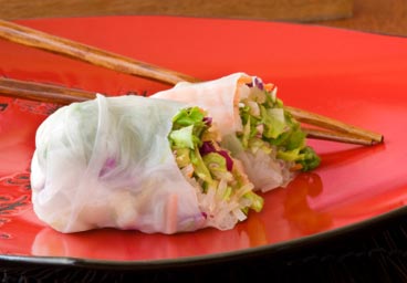 A pair of spring rolls on a scarlet plate