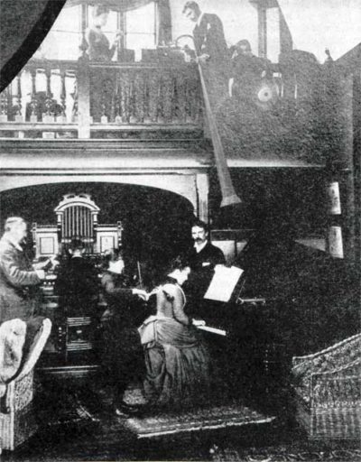 A primitive recording studio around the turn of the 20th century.