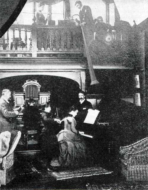 A primitive recording studio around the turn of the 20th century.