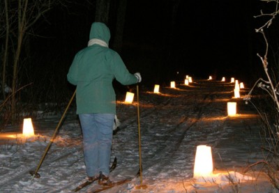 When temperatures dip, visitors to Door County, Wisconsin, enjoy an after-dark candlelight ski trek. 