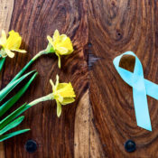 Daffodils and prostate cancer awareness ribbon on wooden table