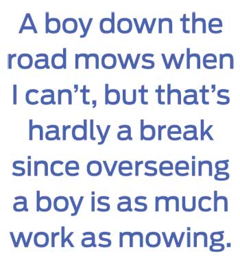 A boy down the road mows when I can't, but that's hardly a break since overseeing a boy is as much work as mowing.