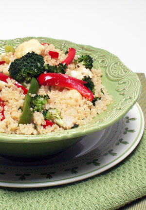quinoa with cauliflower, broccoli, and red bell pepper