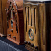 Vintage radios on blue cloth