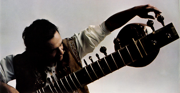 Ravi Shankar tuning a sitar