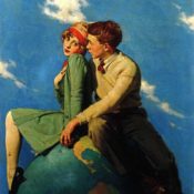 Young lovers sitting on globe