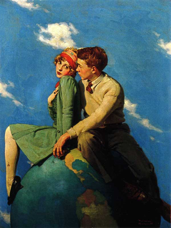 Young lovers sitting on globe