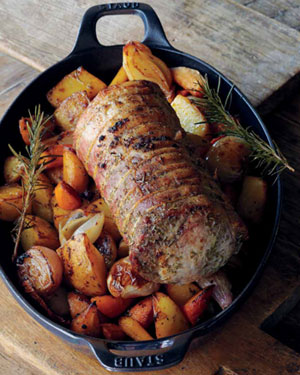 Roasted Pork Loin with Rosemary Salt, Shallots, Potatoes, Carrots, and Parsnips