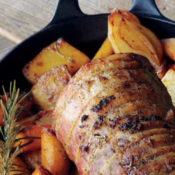 Roasted Pork Loin with Rosemary Salt, Shallots, Potatoes, Carrots, and Parsnips