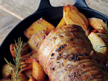 Roasted Pork Loin with Rosemary Salt, Shallots, Potatoes, Carrots, and Parsnips