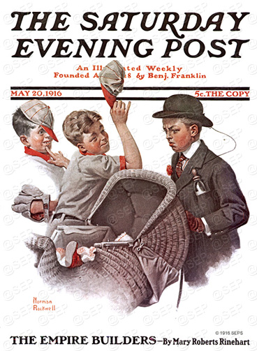 Norman Rockwell cover from May 20, 1916. Brother and baby carraige.