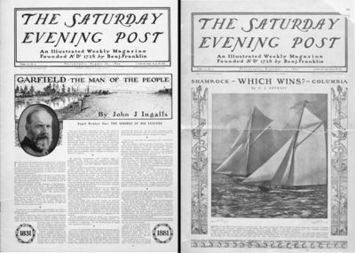 scans_2010_01_02_post_gets_graphic In 1899, the <em>Post</em> removed text from its covers (left, Aug. 26 issue) in favor of rich and vivid illustrations (right, Sept. 2 issue).