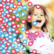 Young girl playing while a swarm of Facebook like symbols cover the image.