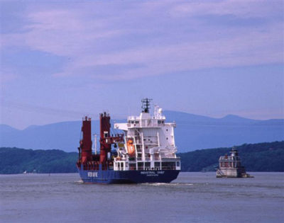 The Hudson Lighthouse today (to the right) )is an active aid to commercial ships and private boats in the Hudson River as it has been since 1874. Photo courtesy of Hudson-Athens Lighthouse Preservation Society.