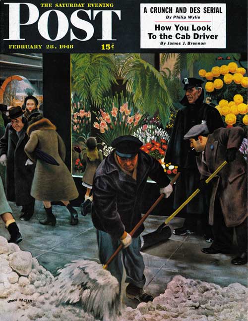 Shoveling Floral Shop Sidewalk by John Falter