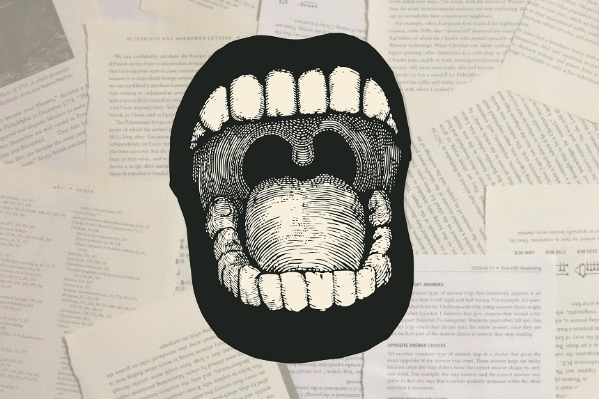 screaming mouth illustration imposed on stacks of papers