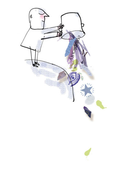 illustration of man emptying bucket over hill