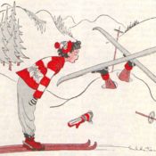 Woman speaking to a fellow skiier buried in the snow