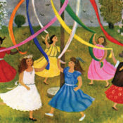 Children dancing around maypole in schoolyard