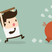 Illustration of Man with Hammer Chasing Piggy Bank
