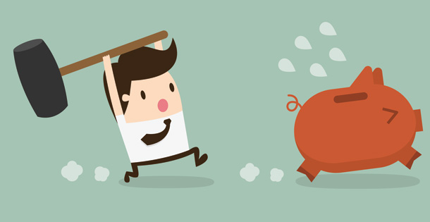 Illustration of Man with Hammer Chasing Piggy Bank