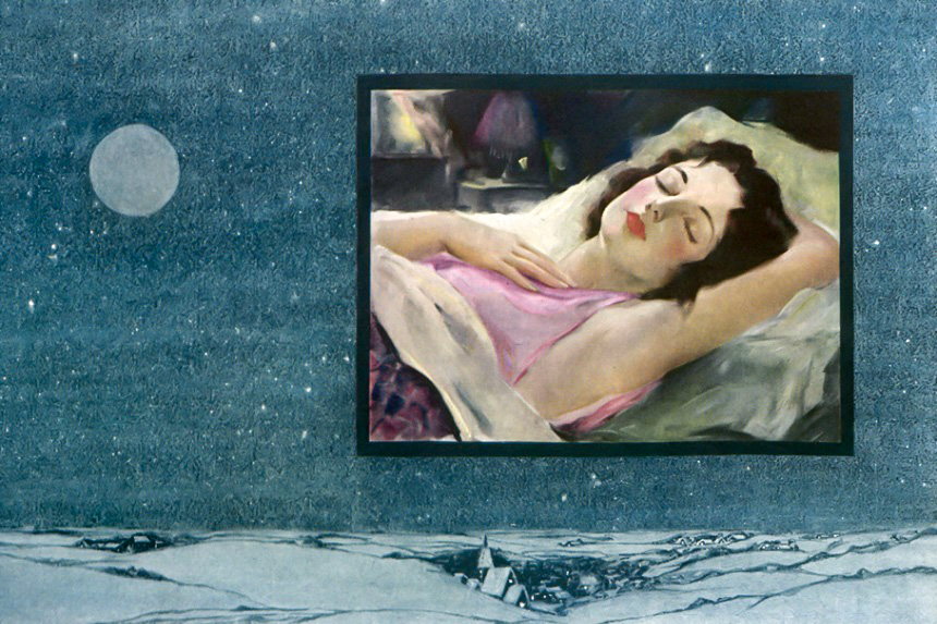 Image of a snowy, winter night with a sleeping woman superimposed over it.