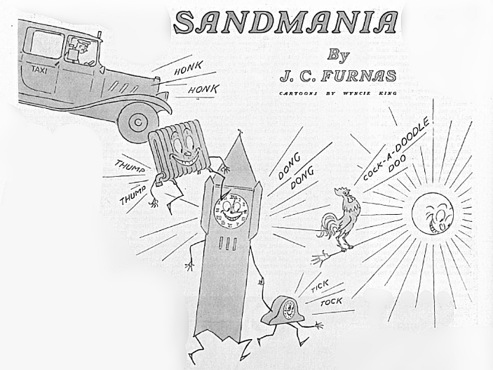 Cartoon depicting things that disturb sleep. From left: A honking car; an apartment's radiator thumping; a the bells in a clocktower and a mantle's clock; a crowing rooster; and the morning sun.