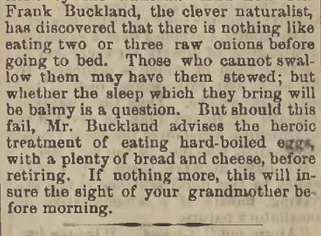 A clipping from the July 3, 1875 Saturday Evening Post about a man who claimed that eating raw onions before bed improved his sleeping habits. It reads: "Frank Byuckland, the clever naturalist, has discovered that there is nothing like eating two or three raw inions before going to bed. Those who cannot swallow them may have them stewed; but whether the sleep which they bring will be balmy is a question. But should this fail, Mr. Buckland advises the heroic treatment of eating hard-boiled eggs, with a plenty of bread and cheese, before retiring. If nothing more, this will insure the sight of your grandmother before morning."