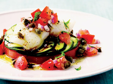 Sole, Zucchini, and Tomato Napoleon with Tomato-Caper Crudo. Photo by Ben Fink. © 2012.